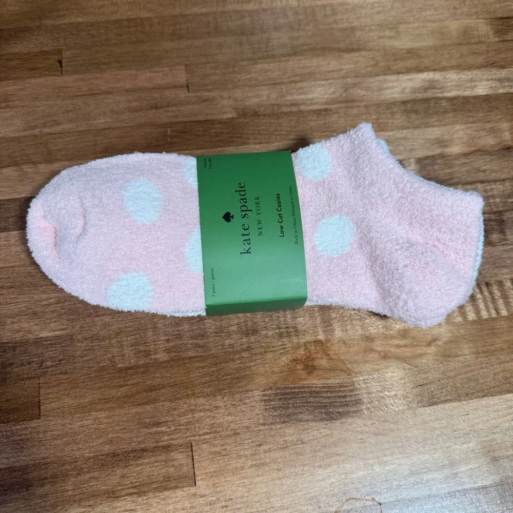 Kate Spade Low Cut Cozies Socks 3 Pack Blush Pink Polka Dot Fuzzy Soft